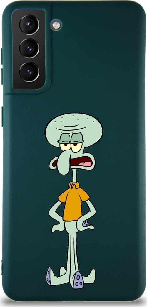 Samsung Galaxy S21 Plus Soft Premier Kapak Squidward Dokunaç Tasarımlı Silikon Kılıf - Yeşil