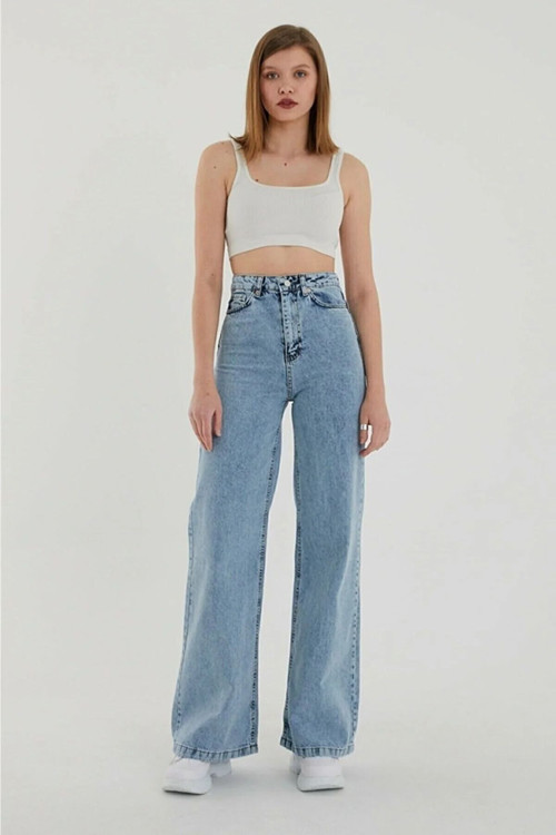 Ganikus Jns Salaş Kar Yıkama Mavi Kot Yüksek Bel Likralı Palazzo Bol Paça Jeans 2025