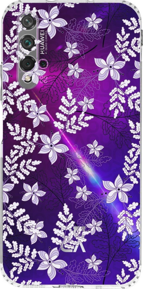 Huawei Nova 5T Kamera Korumalı Kapak Floral Lila Tasarımlı Şeffaf Kılıf