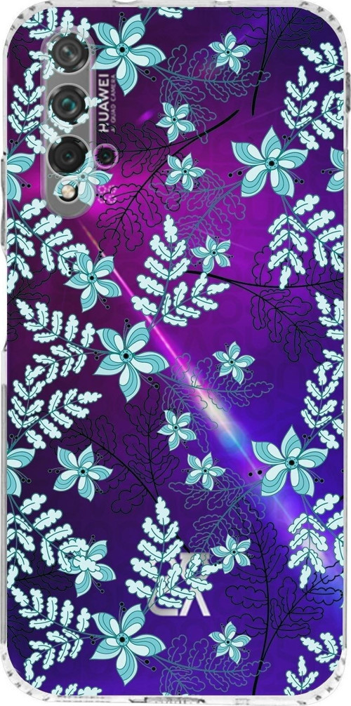 Huawei Nova 5T Kamera Korumalı Kapak Floral Su Yeşili Tasarımlı Şeffaf Kılıf