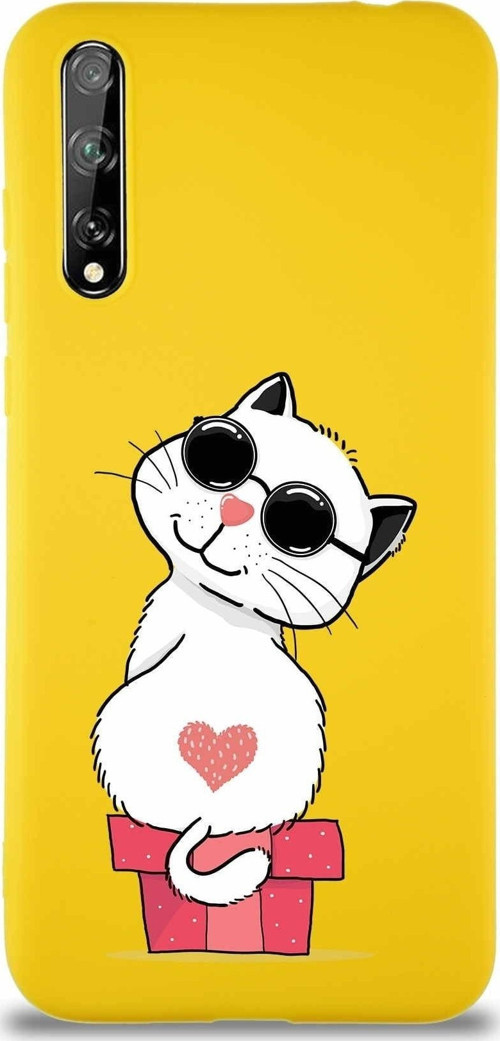 Huawei P Smart S Soft Premier Kapak Coolcat Tasarımlı Silikon Kılıf - Sarı