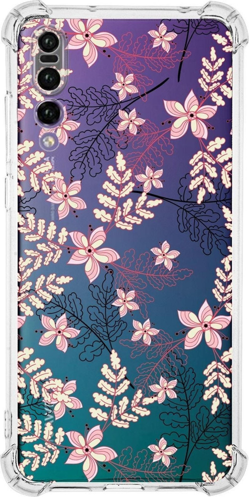 Huawei P20 Pro Köşe Korumalı Antişok Kapak Floral Kırmızı Tasarımlı Şeffaf Kılıf