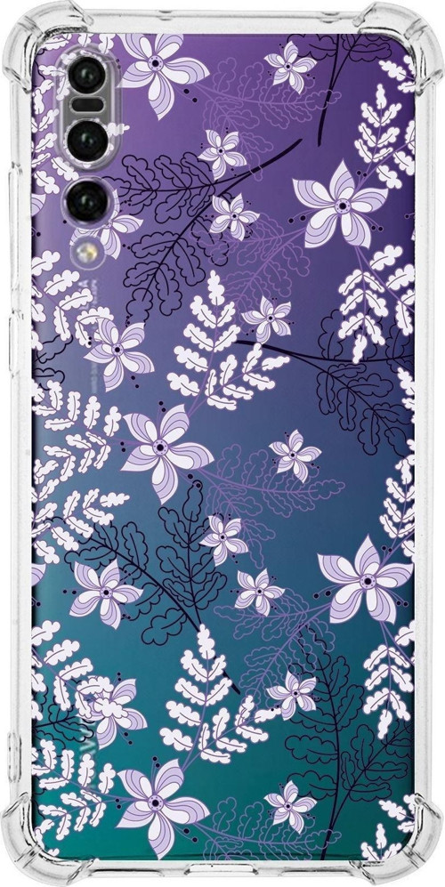 Huawei P20 Pro Köşe Korumalı Antişok Kapak Floral Lila Tasarımlı Şeffaf Kılıf
