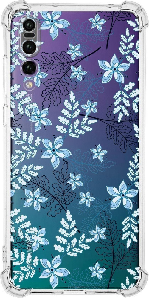 Huawei P20 Pro Köşe Korumalı Antişok Kapak Floral Mavi Tasarımlı Şeffaf Kılıf