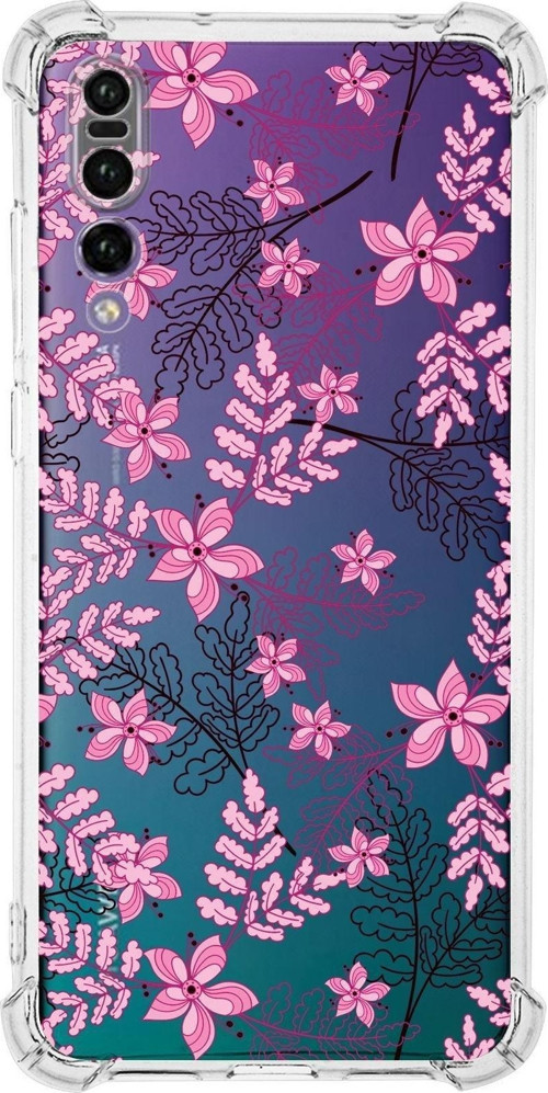 Huawei P20 Pro Köşe Korumalı Antişok Kapak Floral Pembe Tasarımlı Şeffaf Kılıf