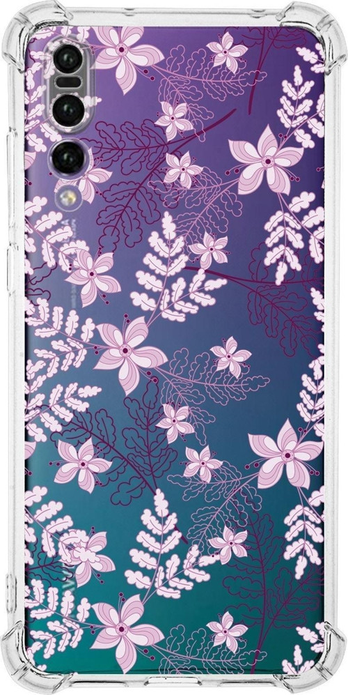 Huawei P20 Pro Köşe Korumalı Antişok Kapak Floral Pudra Tasarımlı Şeffaf Kılıf