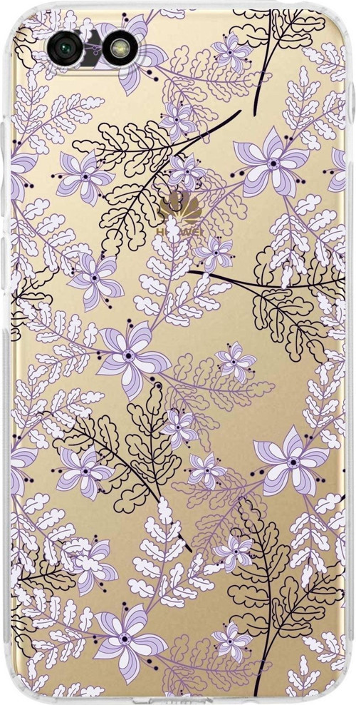 Huawei Y5 2018 Kamera Korumalı Kapak Floral Lila Tasarımlı Şeffaf Kılıf