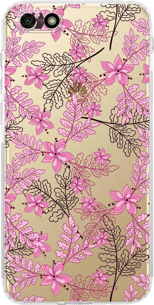 Huawei Y5 2018 Kamera Korumalı Kapak Floral Pembe Tasarımlı Şeffaf Kılıf