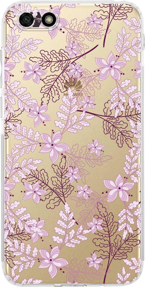 Huawei Y5 2018 Kamera Korumalı Kapak Floral Pudra Tasarımlı Şeffaf Kılıf