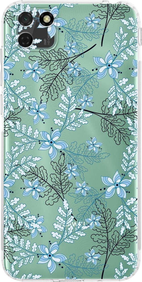 Huawei Y5 P Kamera Korumalı Kapak Floral Mavi Tasarımlı Şeffaf Kılıf