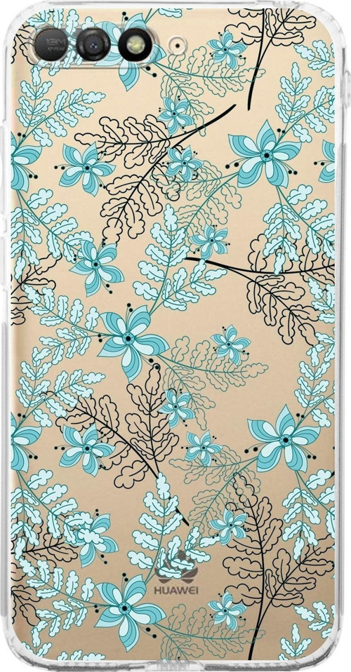 Huawei Y6 2018 Kamera Korumalı Kapak Floral Su Yeşili Tasarımlı Şeffaf Kılıf