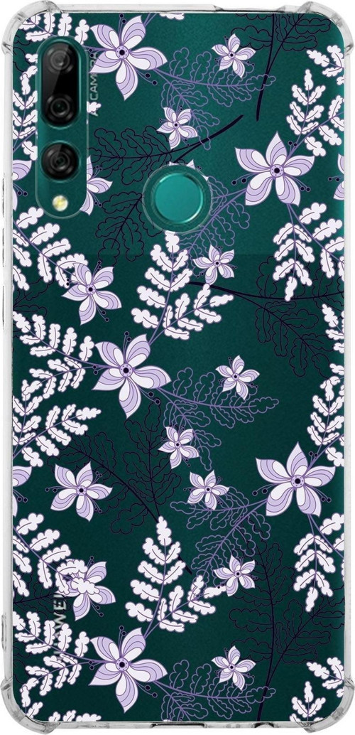 Huawei Y9 Prime 2019 Köşe Korumalı Antişok Kapak Floral Lila Tasarımlı Şeffaf Kılıf