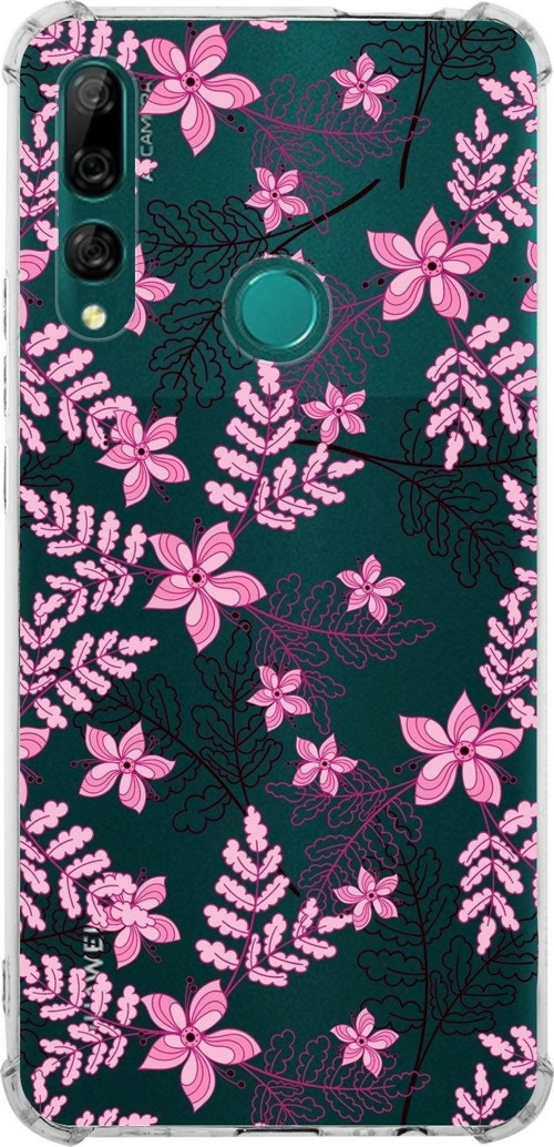 Huawei Y9 Prime 2019 Köşe Korumalı Antişok Kapak Floral Pembe Tasarımlı Şeffaf Kılıf