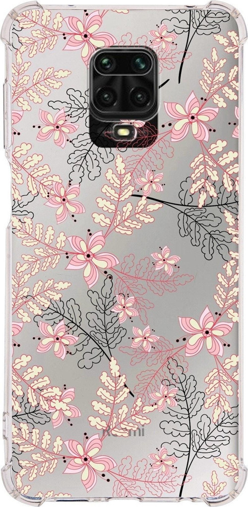 Xiaomi Redmi Note 9S Köşe Korumalı Antişok Kapak Floral Kırmızı Tasarımlı Şeffaf Silikon Kılıf