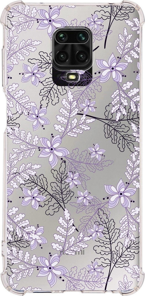 Xiaomi Redmi Note 9S Köşe Korumalı Antişok Kapak Floral Lila Tasarımlı Şeffaf Silikon Kılıf