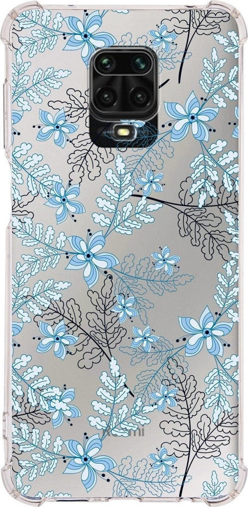 Xiaomi Redmi Note 9S Köşe Korumalı Antişok Kapak Floral Mavi Tasarımlı Şeffaf Silikon Kılıf