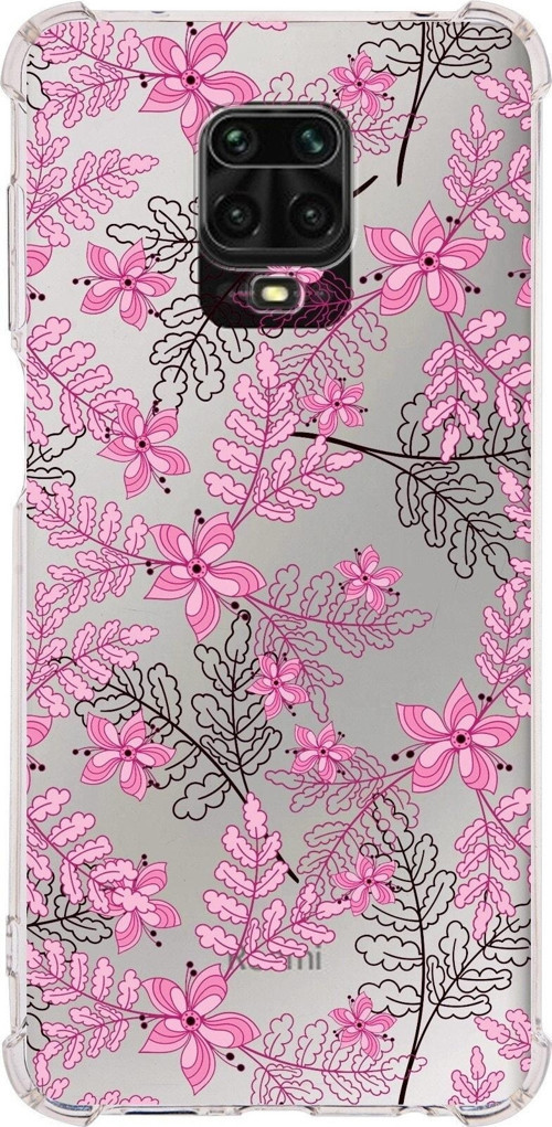 Xiaomi Redmi Note 9S Köşe Korumalı Antişok Kapak Floral Pembe Tasarımlı Şeffaf Silikon Kılıf