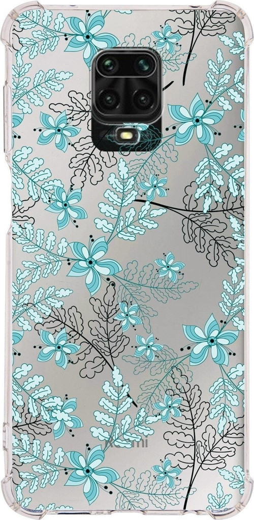 Xiaomi Redmi Note 9S Köşe Korumalı Antişok Kapak Floral Su Yeşili Tasarımlı Şeffaf Silikon Kılıf