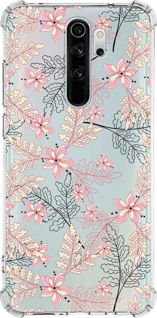 Xiaomi Redmi Note 8 Pro Köşe Korumalı Antişok Kapak Floral Kırmızı Tasarımlı Şeffaf Silikon Kılıf
