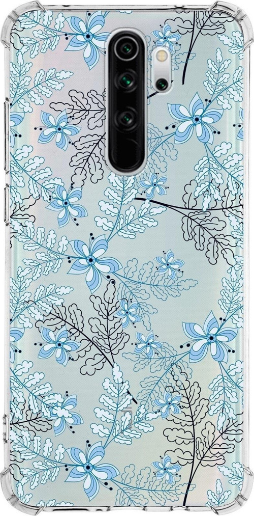 Xiaomi Redmi Note 8 Pro Köşe Korumalı Antişok Kapak Floral Mavi Tasarımlı Şeffaf Silikon Kılıf