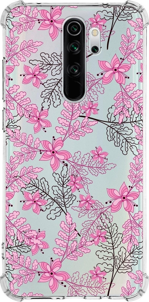 Xiaomi Redmi Note 8 Pro Köşe Korumalı Antişok Kapak Floral Pembe Tasarımlı Şeffaf Silikon Kılıf
