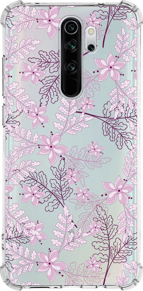 Xiaomi Redmi Note 8 Pro Köşe Korumalı Antişok Kapak Floral Pudra Tasarımlı Şeffaf Silikon Kılıf
