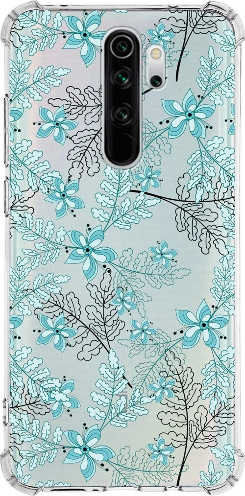Xiaomi Redmi Note 8 Pro Köşe Korumalı Antişok Kapak Floral Su Yeşili Tasarımlı Şeffaf Silikon Kılıf