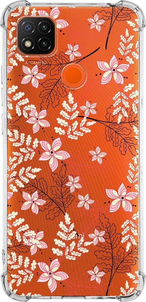 Xiaomi Redmi 10A Köşe Korumalı Antişok Kapak Floral Kırmızı Tasarımlı Şeffaf Silikon Kılıf