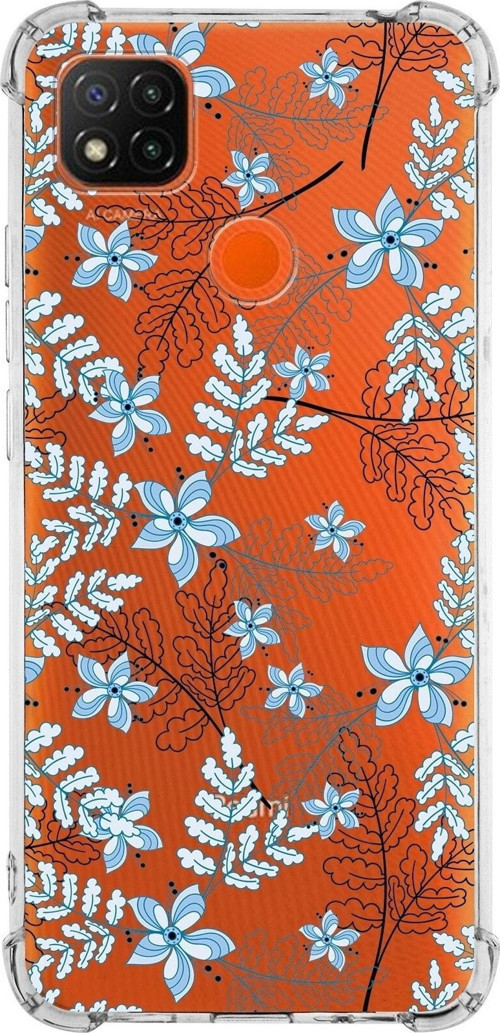 Xiaomi Redmi 10A Köşe Korumalı Antişok Kapak Floral Mavi Tasarımlı Şeffaf Silikon Kılıf