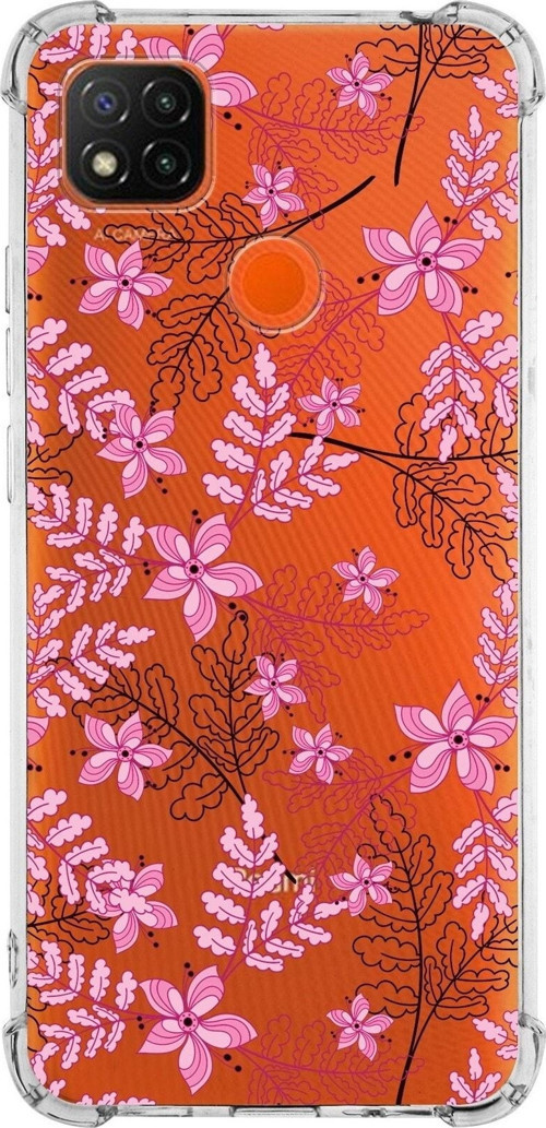 Xiaomi Redmi 10A Köşe Korumalı Antişok Kapak Floral Pembe Tasarımlı Şeffaf Silikon Kılıf