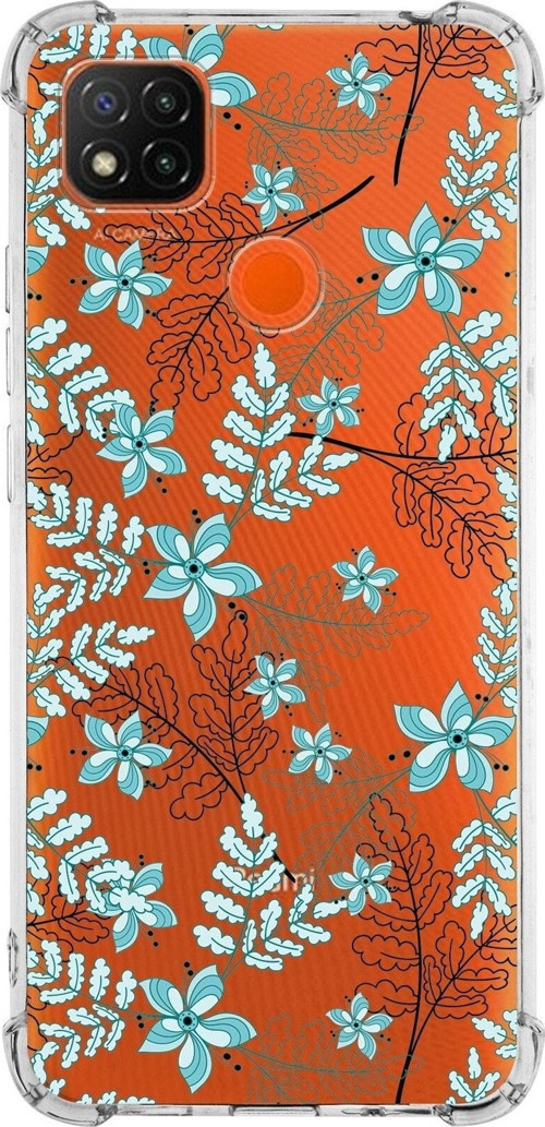 Xiaomi Redmi 10A Köşe Korumalı Antişok Kapak Floral Su Yeşili Tasarımlı Şeffaf Silikon Kılıf