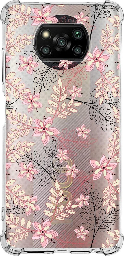 Xiaomi Poco X3 Nfc Köşe Korumalı Antişok Kapak Floral Kırmızı Tasarımlı Şeffaf Silikon Kılıf