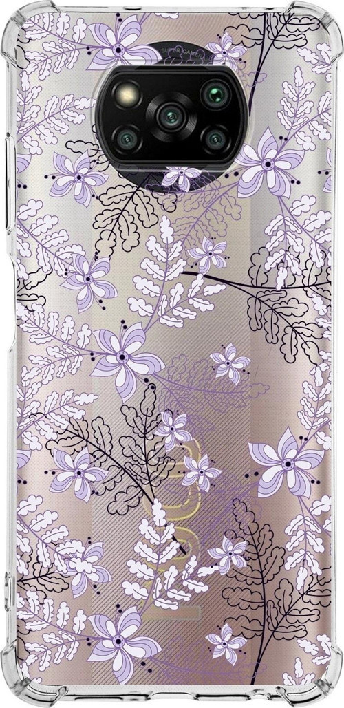 Xiaomi Poco X3 Nfc Köşe Korumalı Antişok Kapak Floral Lila Tasarımlı Şeffaf Silikon Kılıf