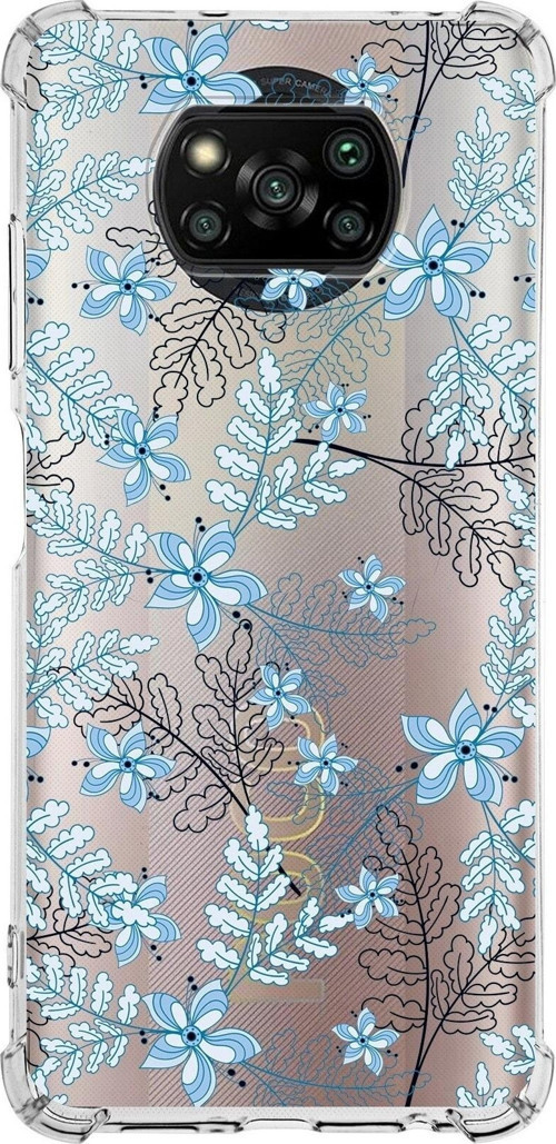Xiaomi Poco X3 Nfc Köşe Korumalı Antişok Kapak Floral Mavi Tasarımlı Şeffaf Silikon Kılıf