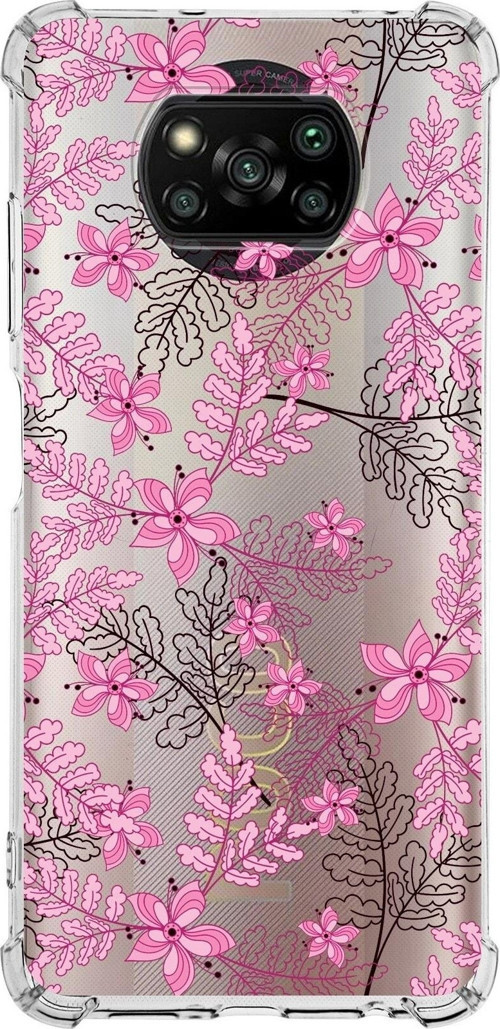 Xiaomi Poco X3 Nfc Köşe Korumalı Antişok Kapak Floral Pembe Tasarımlı Şeffaf Silikon Kılıf