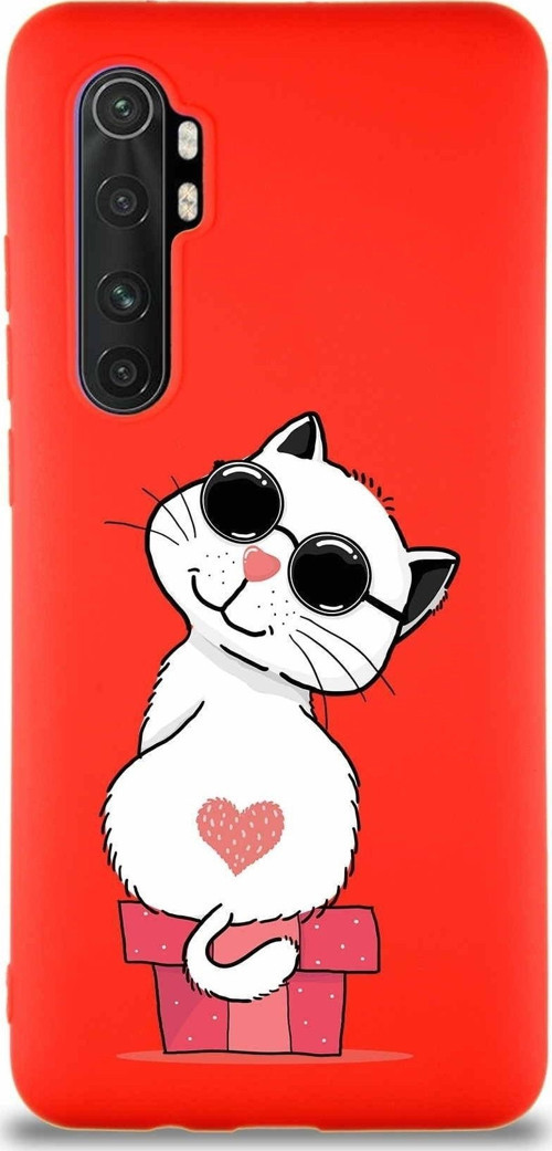 Xiaomi Mi Note 10 Lite Soft Premier Kapak Coolcat Tasarımlı Silikon Kılıf - Kırmızı