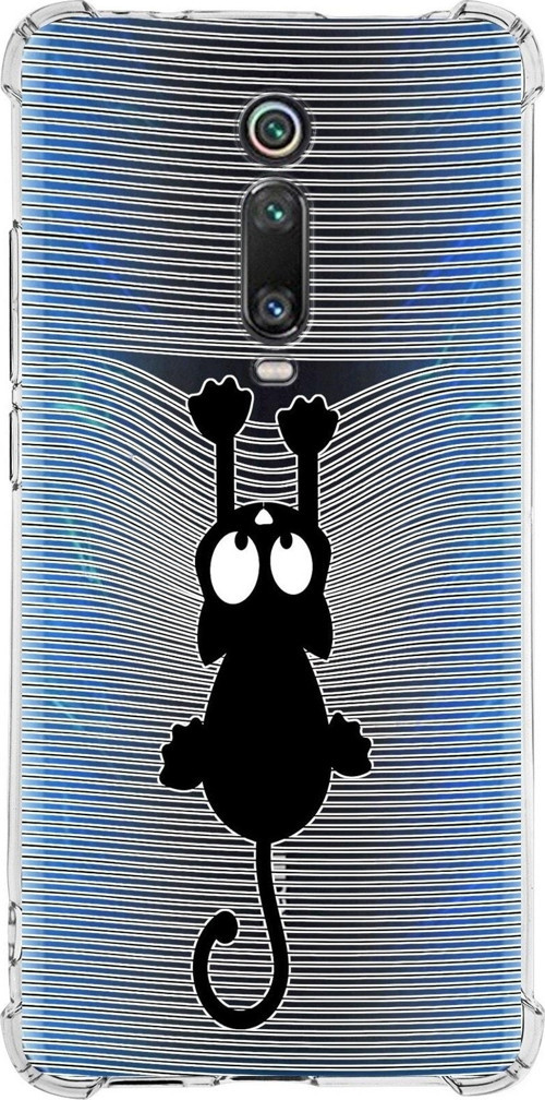 Xiaomi Mi 9T Köşe Korumalı Antişok Kapak Çizgi Kedi Tasarımlı Şeffaf Silikon Kılıf