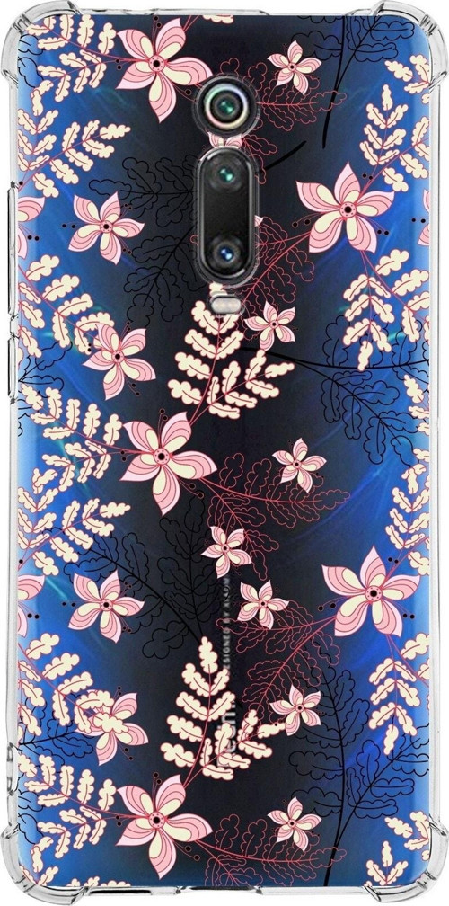 Xiaomi Mi 9T Köşe Korumalı Antişok Kapak Floral Kırmızı Tasarımlı Şeffaf Silikon Kılıf