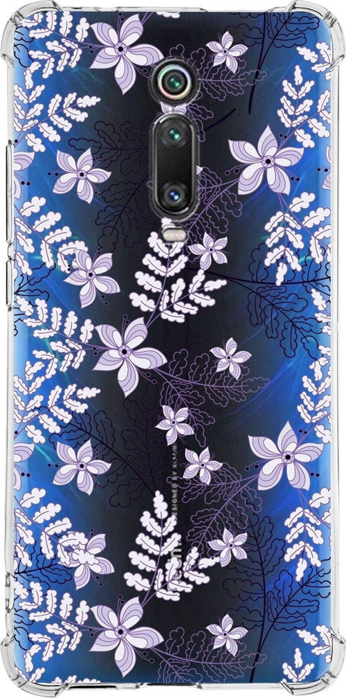 Xiaomi Mi 9T Köşe Korumalı Antişok Kapak Floral Lila Tasarımlı Şeffaf Silikon Kılıf