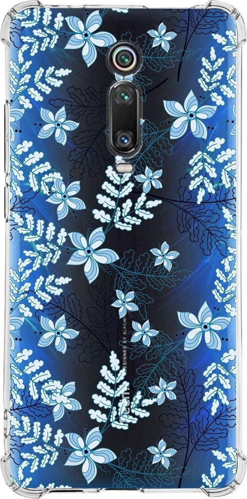 Xiaomi Mi 9T Köşe Korumalı Antişok Kapak Floral Mavi Tasarımlı Şeffaf Silikon Kılıf