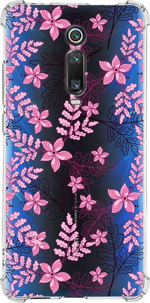 Xiaomi Mi 9T Köşe Korumalı Antişok Kapak Floral Pembe Tasarımlı Şeffaf Silikon Kılıf