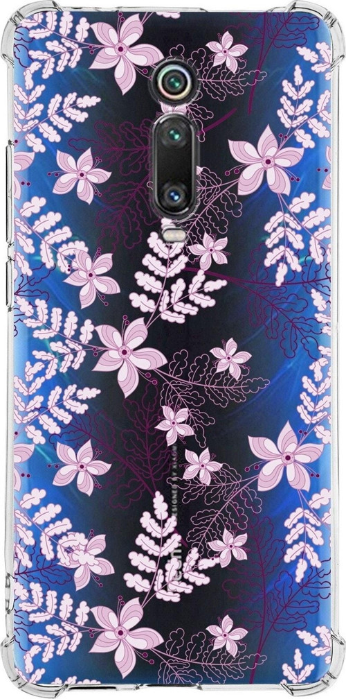 Xiaomi Mi 9T Köşe Korumalı Antişok Kapak Floral Pudra Tasarımlı Şeffaf Silikon Kılıf