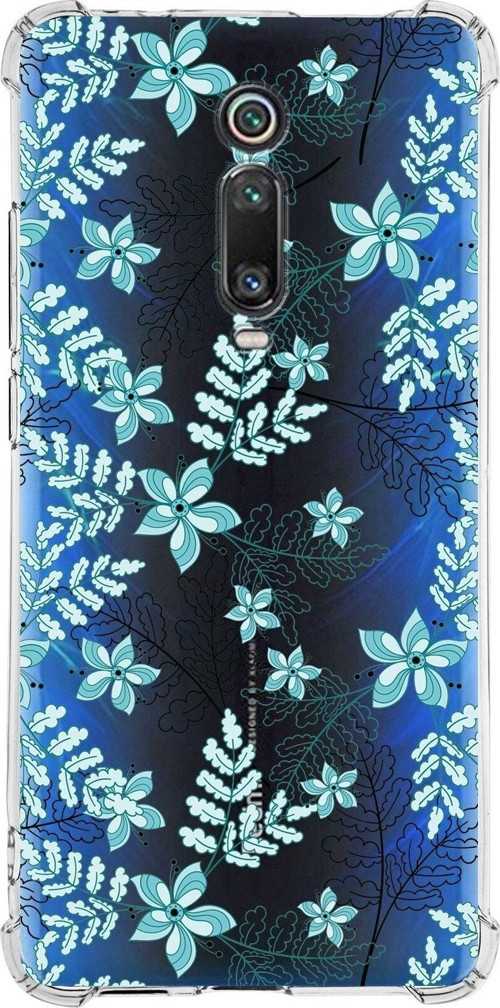 Xiaomi Mi 9T Köşe Korumalı Antişok Kapak Floral Su Yeşili Tasarımlı Şeffaf Silikon Kılıf