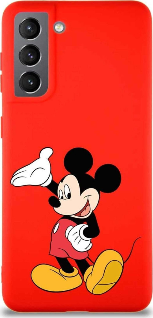 Samsung Galaxy S21 Soft Premier Kapak Mickey Mouse-C Tasarımlı Silikon Kılıf - Kırmızı