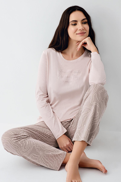 Paris Modal Pamuklu Kadın Pembe Desenli Uzun Kollu Pijama Takım