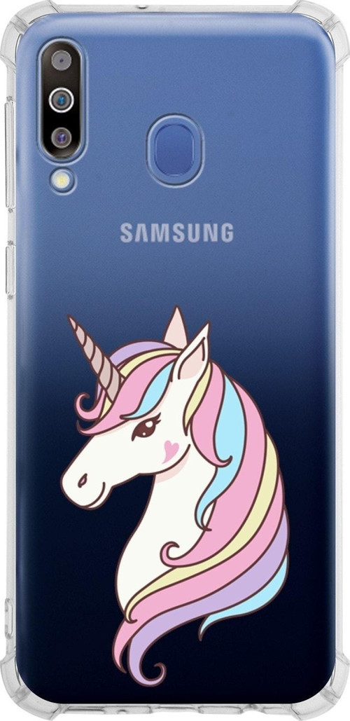 Samsung Galaxy M30 Köşe Korumalı Antişok Kapak Unicorn Tasarımlı Şeffaf Silikon Kılıf