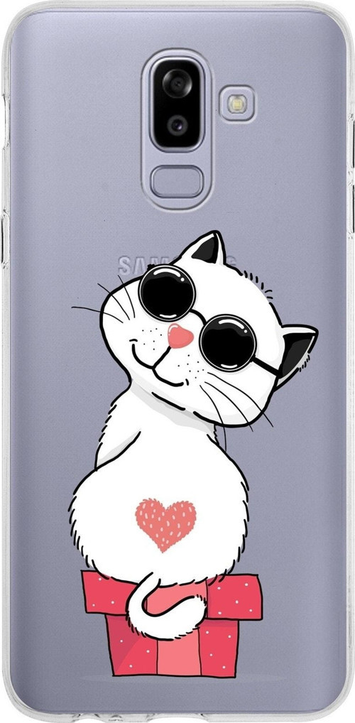 Samsung Galaxy J8 Kapak Cool Cat Tasarımlı Şeffaf Silikon Kılıf