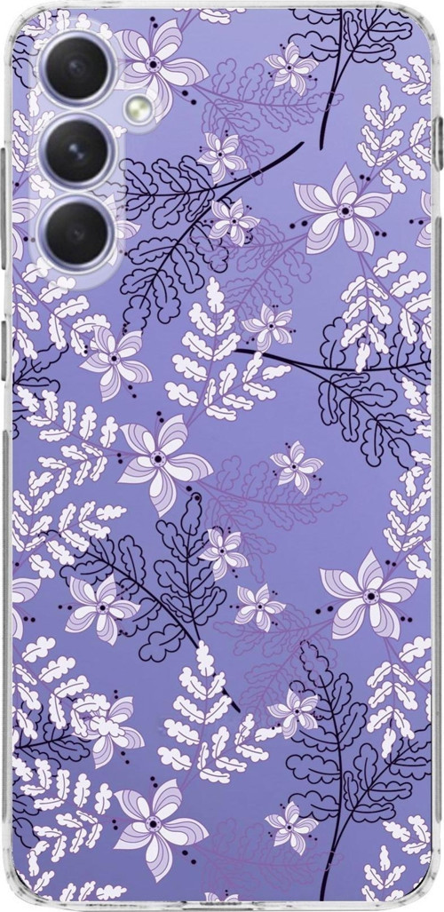 Samsung Galaxy A54 Kamera Korumalı Kapak Floral Lila Tasarımlı Şeffaf Kılıf