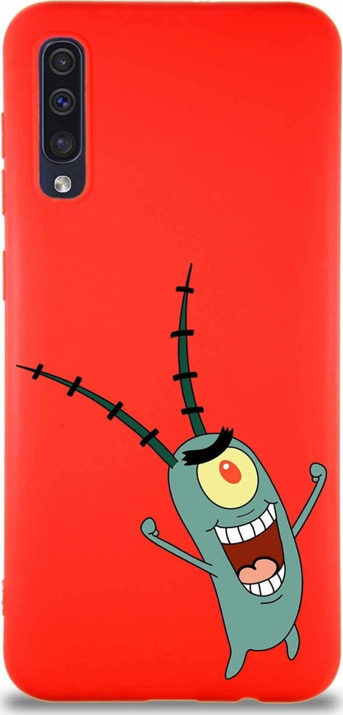 Samsung Galaxy A50 Soft Premier Kapak Plankton Tasarımlı Silikon Kılıf - Kırmızı