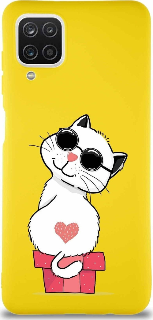 Samsung Galaxy A12 Soft Premier Kapak Coolcat Tasarımlı Silikon Kılıf - Sarı